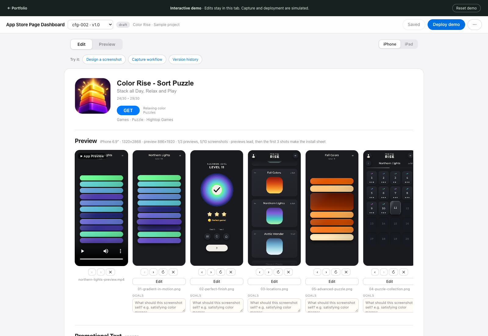 App Store Dashboard demo with Color Rise listing copy, gameplay video, screenshots, iPhone and iPad previews, and design controls