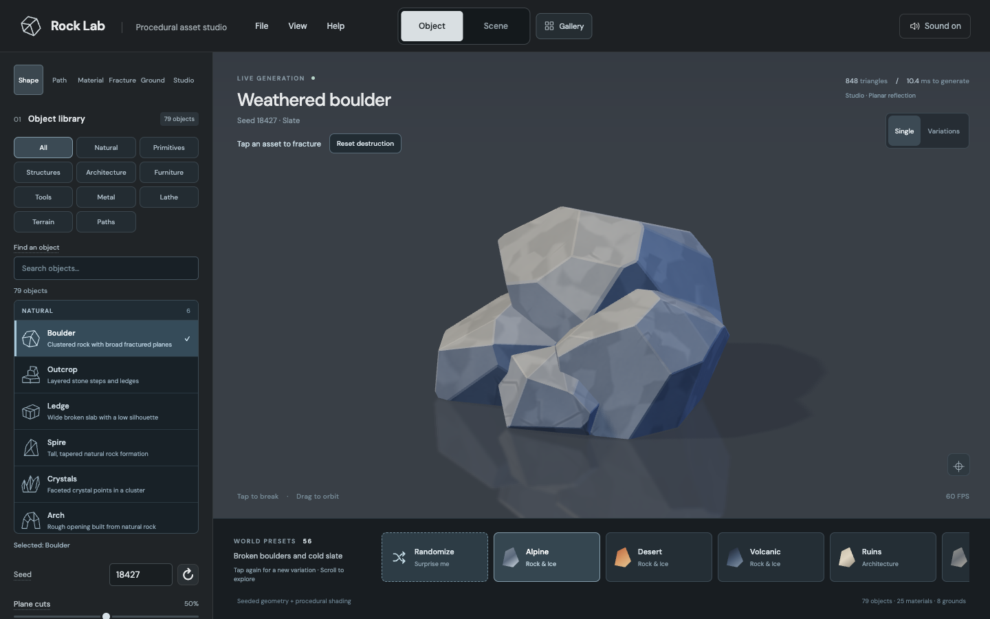 Rock Lab showing a procedural boulder, an object library, and material and shape controls